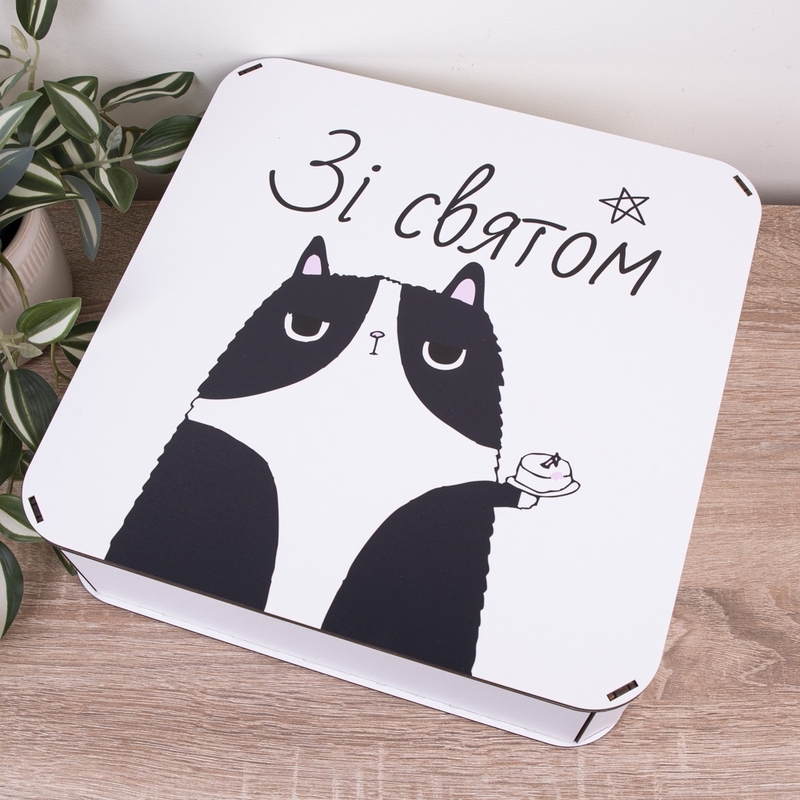 Подарункова коробка квадратна 19.4×19.4×5.8 см «Зі святом — Котик»