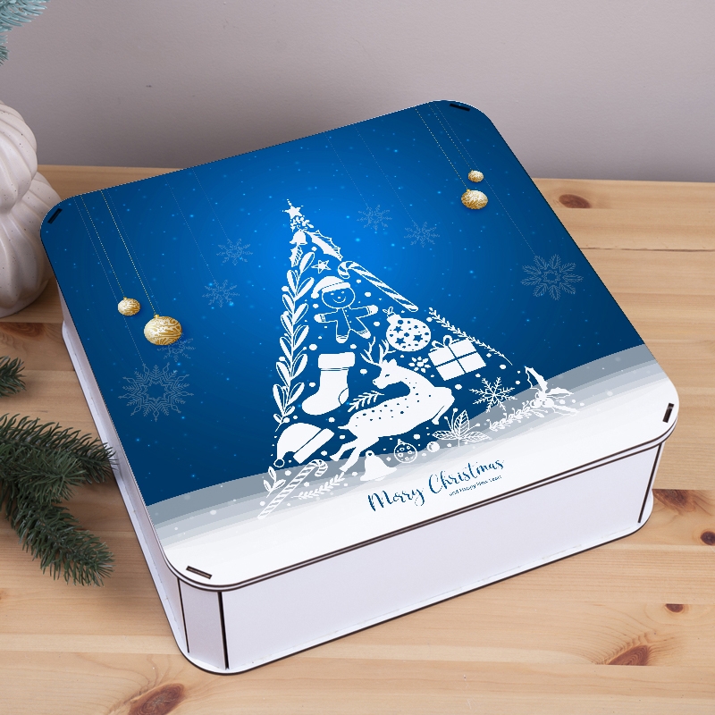 Подарункова коробка квадратна синя 40×40×12 см «Merry Christmas — синя»