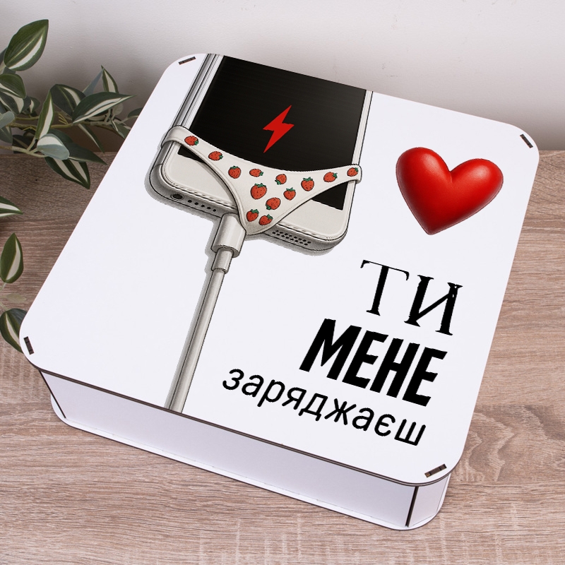 Подарункова коробка квадратна 24×24×7.2 см «Ти мене заряджаєш»