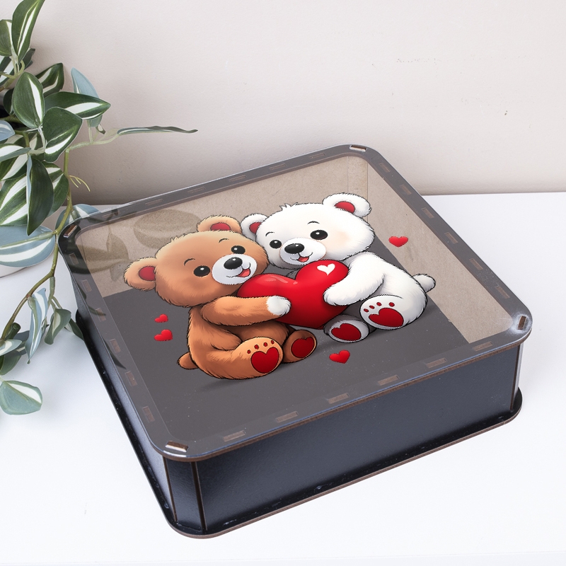 Подарункова коробка квадратна чорна з прозорою кришкою 19.4×19.4×5.4 см «Ведмедики — з кришкою»