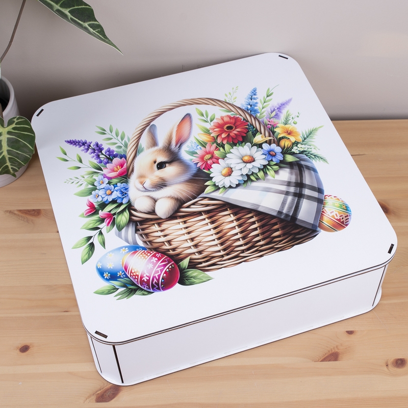 Подарункова коробка квадратна 19.4×19.4×5.8 см «Кролик з корзинкою»