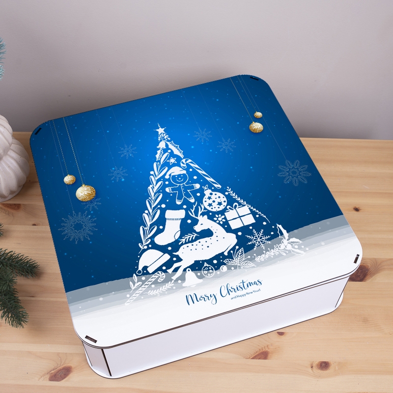 Подарункова коробка квадратна синя 40×40×12 см «Merry Christmas — синя»