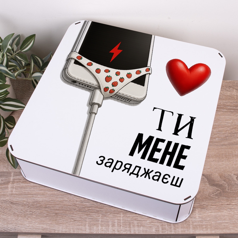 Подарункова коробка квадратна 24×24×7.2 см «Ти мене заряджаєш»