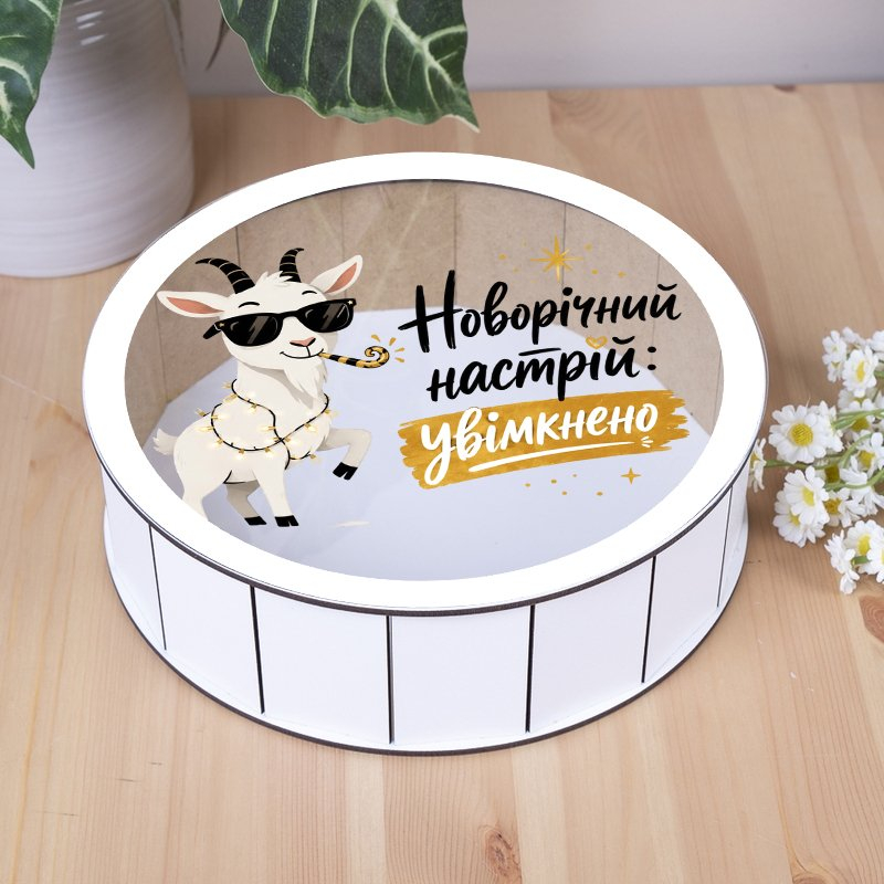 Подарункова коробка кругла біла з прозорою кришкою ⌀24×9 см «Новорічний настрій увімкнено»