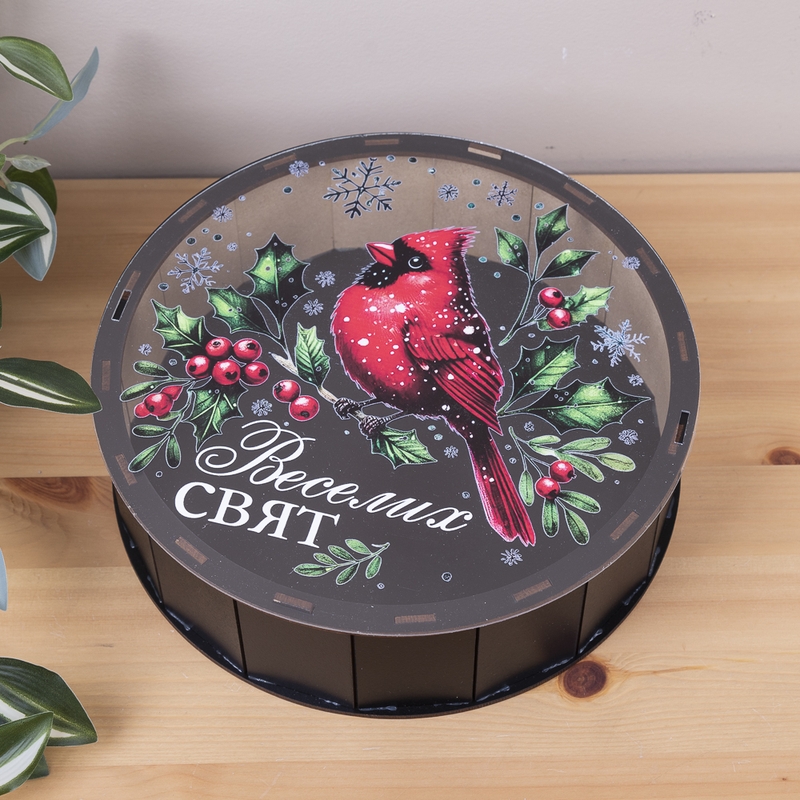 Подарункова коробка кругла чорна з прозорою кришкою ⌀19.5×5.5 см «Снігур Веселих Свят»