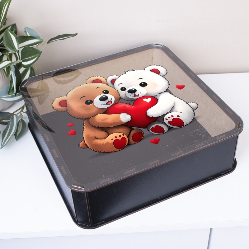 Подарункова коробка квадратна чорна з прозорою кришкою 19.4×19.4×5.4 см «Ведмедики — з кришкою»