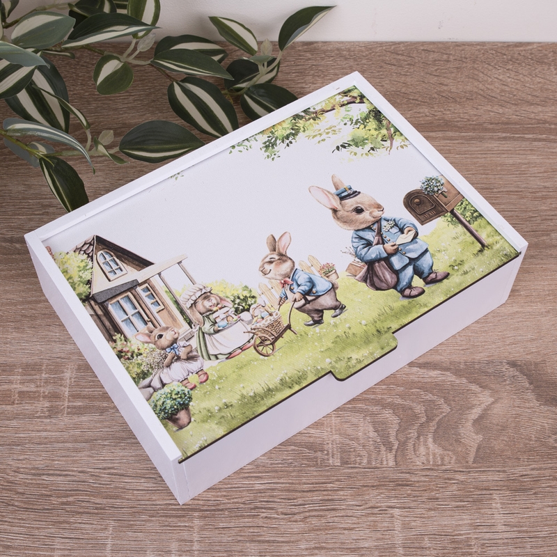 Подарункова коробка прямокутна біла 23×16×6.5 см «Зайчики на галявині»