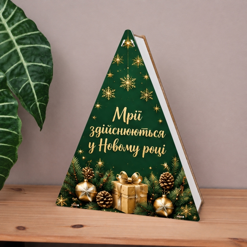 Подарункова коробка у формі ялинки зелена 39×29×11 см «Мрії здійснюються у Новому році — зелений дизайн із золотими прикрасами»