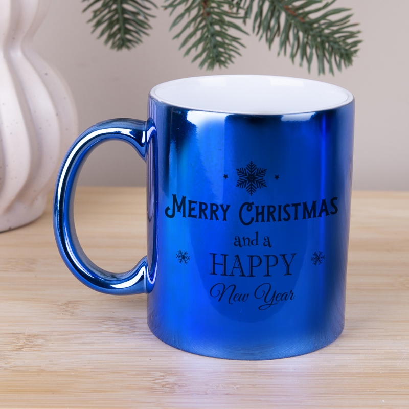 Чашка кераміка, дзеркало, блискуча ГЛЯНЦЕВА синя merry christmas and happy new year