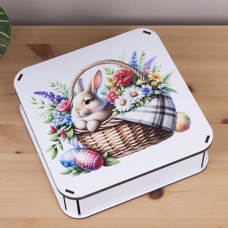 Подарункова коробка квадратна 19.4×19.4×5.8 см «Кролик з корзинкою»