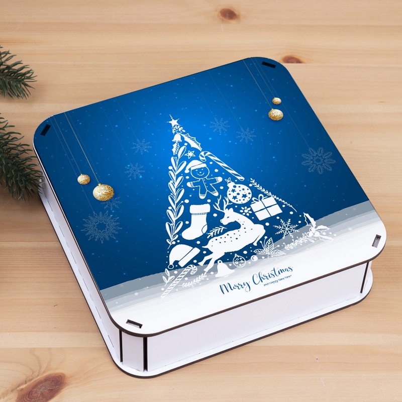 Подарункова коробка квадратна синя 40×40×12 см «Merry Christmas — синя»