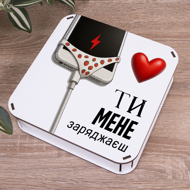 Подарункова коробка квадратна 24×24×7.2 см «Ти мене заряджаєш»