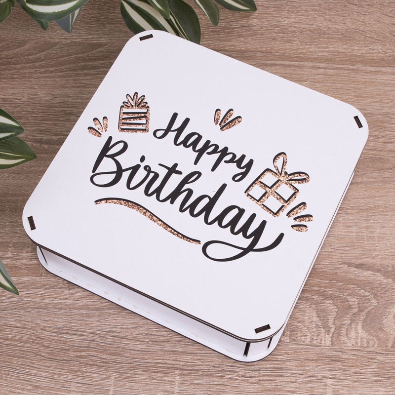 Подарункова коробка квадратна 24×24×7.2 см «Happy Birthday з глітером»