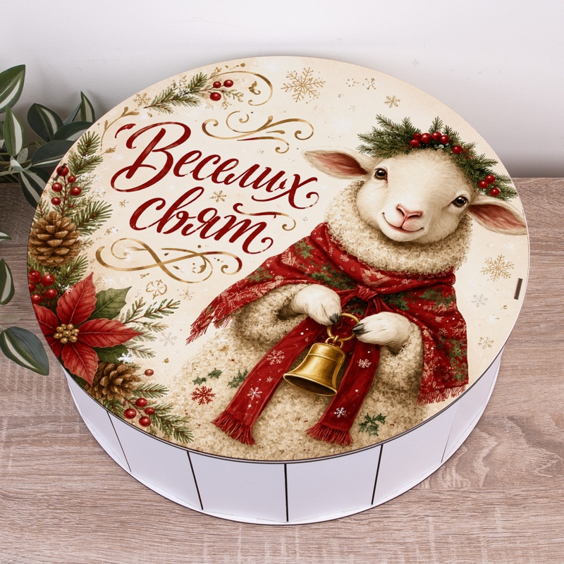 Подарункова коробка кругла біла ⌀33×11 см «Козлик Веселих свят»