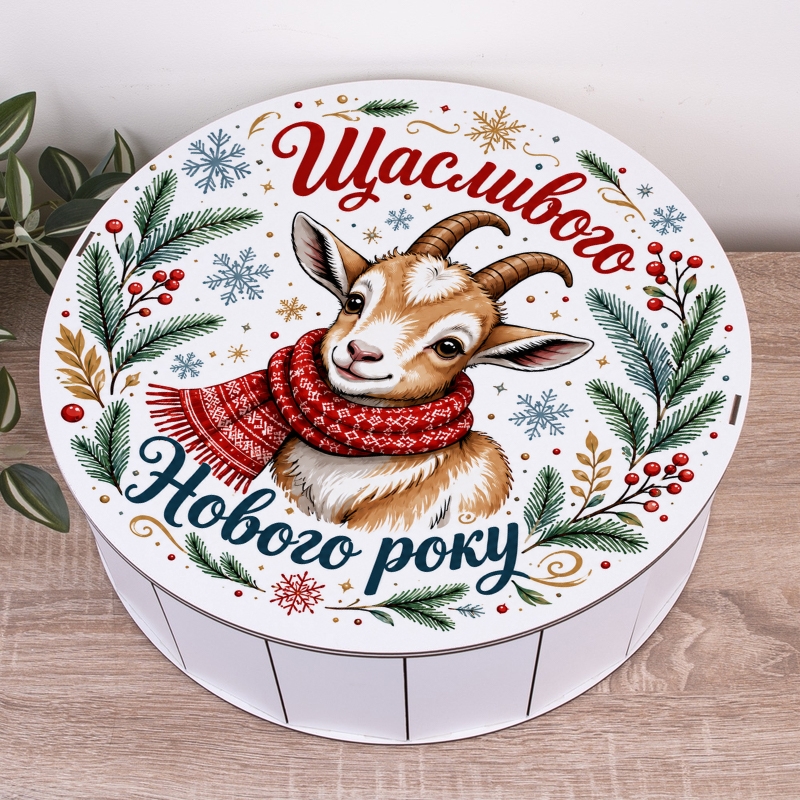 Подарункова коробка кругла біла ⌀27.3×9.6 см «Козлик Щасливого нового року»