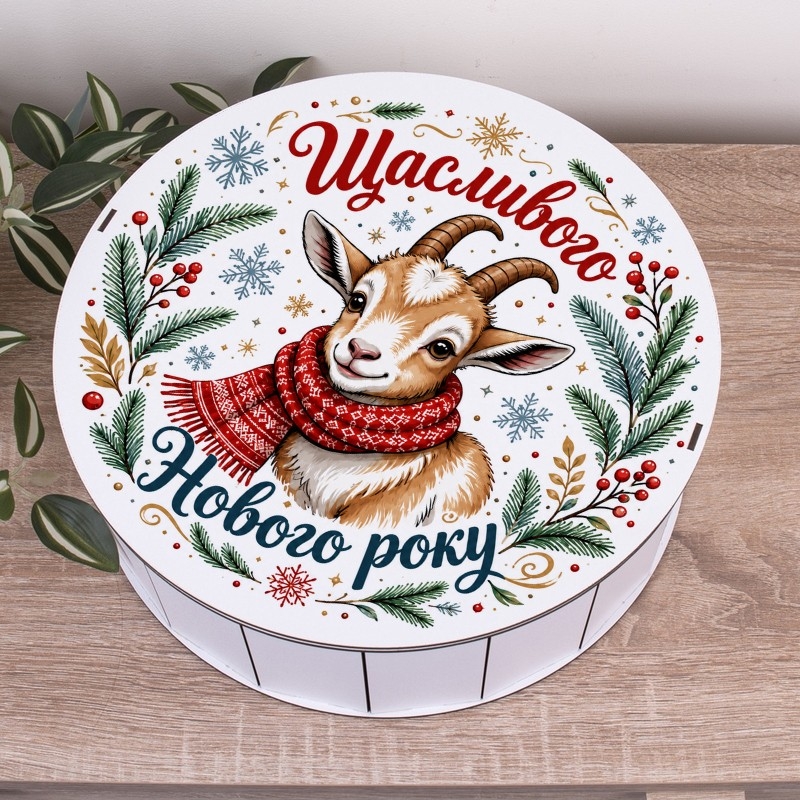 Подарункова коробка кругла біла ⌀27.3×9.6 см «Козлик Щасливого нового року»