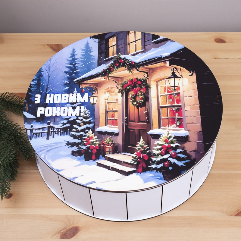 Подарункова коробка кругла різноколірна ⌀19.5×6 см «Будинок З НОВИМ РОКОМ»