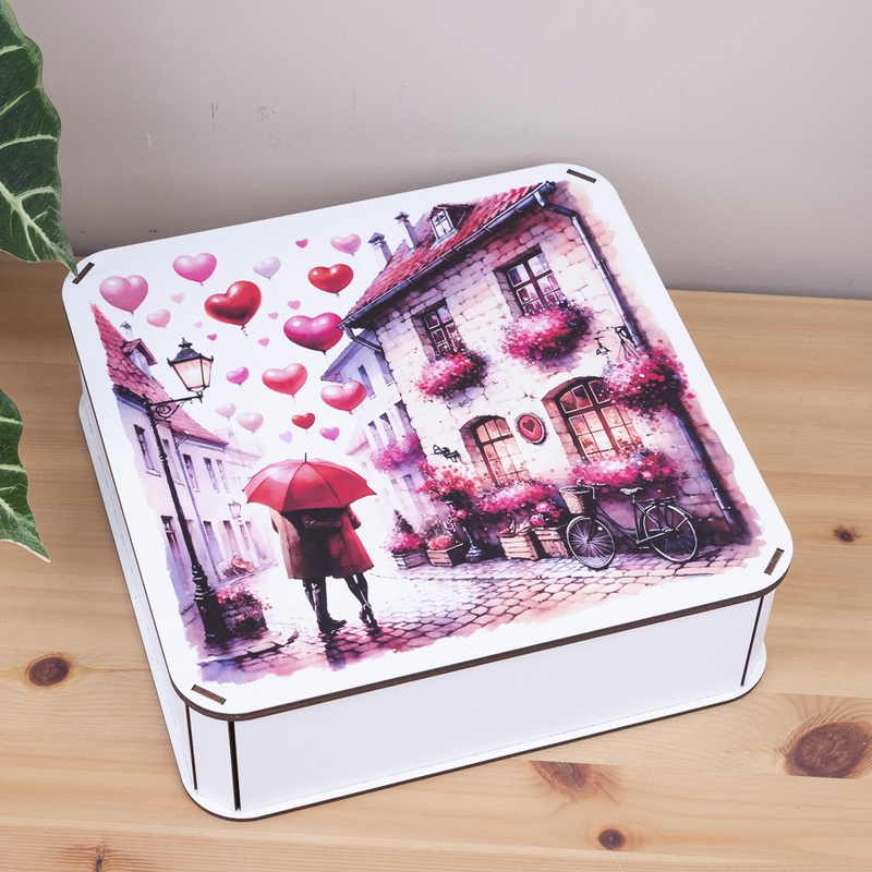 Подарункова коробка квадратна 19.4×19.4×5.8 см «Закохана пара під парасолькою»