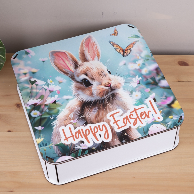 Подарункова коробка квадратна різноколірна 19.4×19.4×5.8 см «Кролик Happy Easter»
