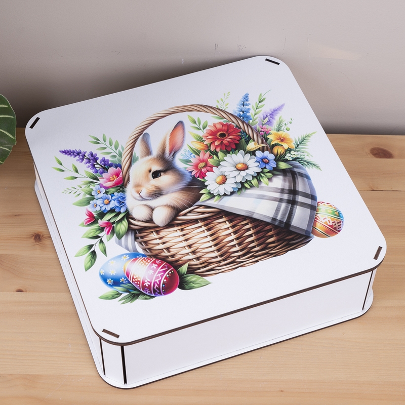 Подарункова коробка квадратна 19.4×19.4×5.8 см «Кролик з корзинкою»