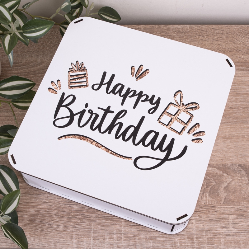 Подарункова коробка квадратна 24×24×7.2 см «Happy Birthday з глітером»