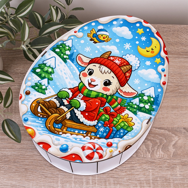 Овальна подарункова коробка Kinder різноколірна 28.5×21.6×9.3 см «із козою на санах»