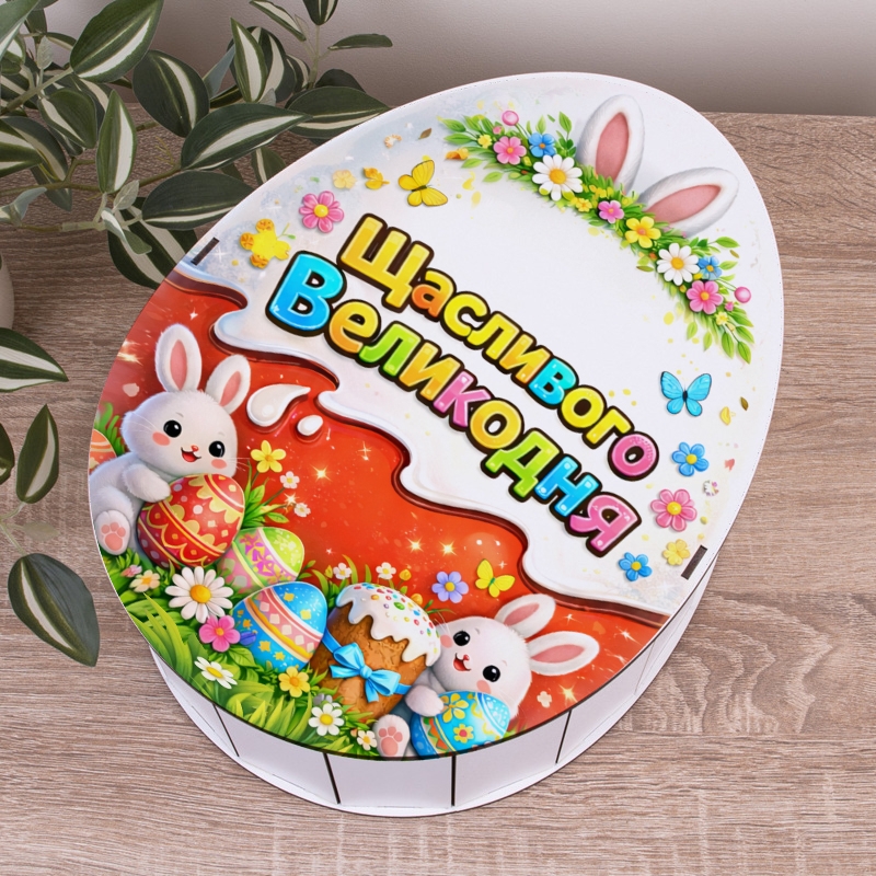Овальна подарункова коробка Kinder 25×19×7.6 см «Щасливого Великодня — кролики та крашанки»