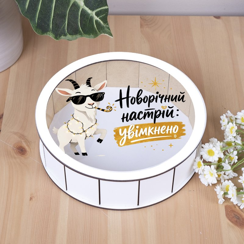 Подарункова коробка кругла біла з прозорою кришкою ⌀24×9 см «Новорічний настрій увімкнено»