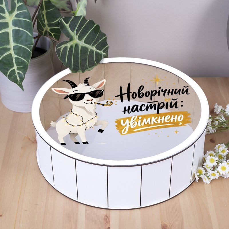 Подарункова коробка кругла біла з прозорою кришкою ⌀24×9 см «Новорічний настрій увімкнено»