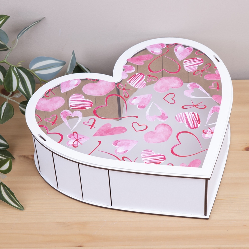 Подарункова коробка у формі серця біла з прозорою кришкою 21×22.5×5.5 см «сердечка і банти рожеві»