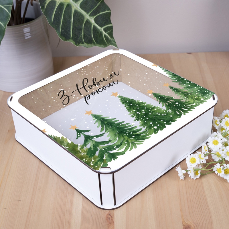 Подарункова коробка квадратна зелена з прозорою кришкою 19.4×19.4×5.4 см «З Новим роком Зелені»