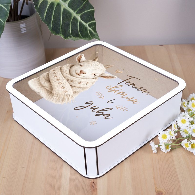 Подарункова коробка квадратна біла з прозорою кришкою 19.4×19.4×5.4 см «Тепла, світла і дива»