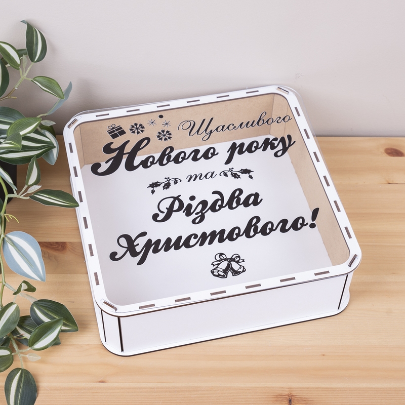 Подарункова коробка квадратна біла з прозорою кришкою 27.2×27.2×8 см «НАПИС»
