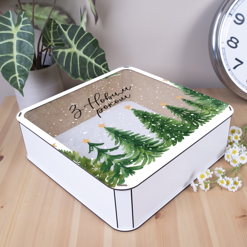 Подарункова коробка квадратна зелена з прозорою кришкою 19.4×19.4×5.4 см «З Новим роком Зелені»