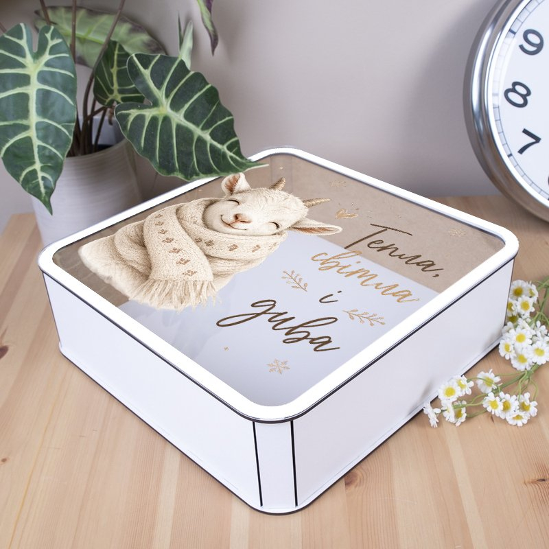 Подарункова коробка квадратна біла з прозорою кришкою 19.4×19.4×5.4 см «Тепла, світла і дива»