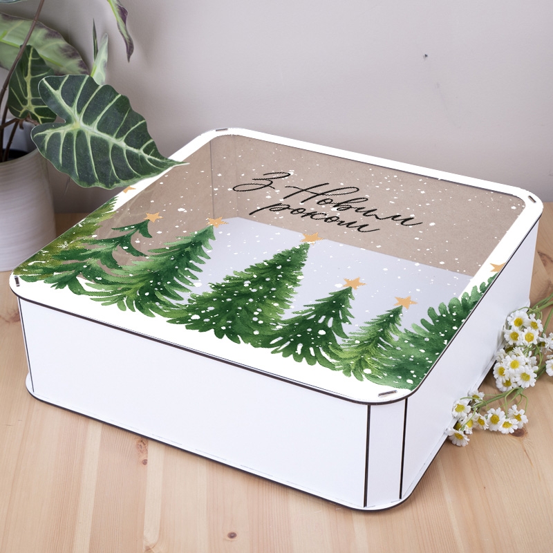 Подарункова коробка квадратна зелена з прозорою кришкою 19.4×19.4×5.4 см «З Новим роком Зелені»