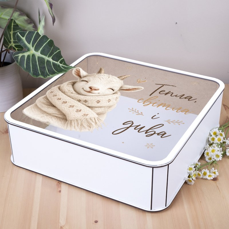 Подарункова коробка квадратна біла з прозорою кришкою 19.4×19.4×5.4 см «Тепла, світла і дива»