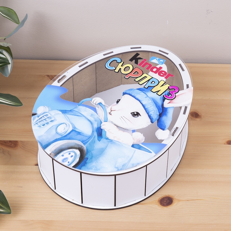 Овальна подарункова коробка Kinder біла з прозорою кришкою 25×19×7 см «Зайчик в машині»