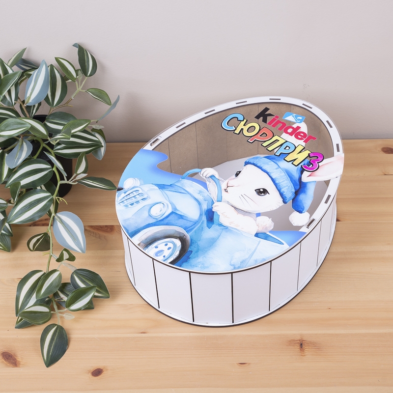 Овальна подарункова коробка Kinder біла з прозорою кришкою 25×19×7 см «Зайчик в машині»
