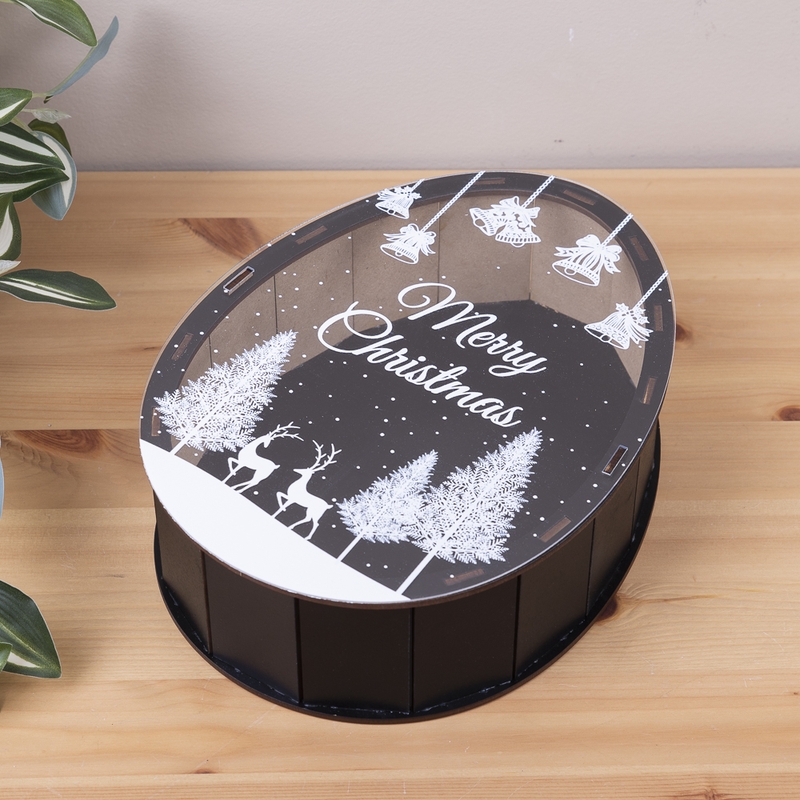 Овальна подарункова коробка Kinder чорна з прозорою кришкою 25×19×7 см «Merry Christmas»