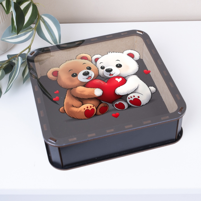 Подарункова коробка квадратна чорна з прозорою кришкою 19.4×19.4×5.4 см «Ведмедики — з кришкою»
