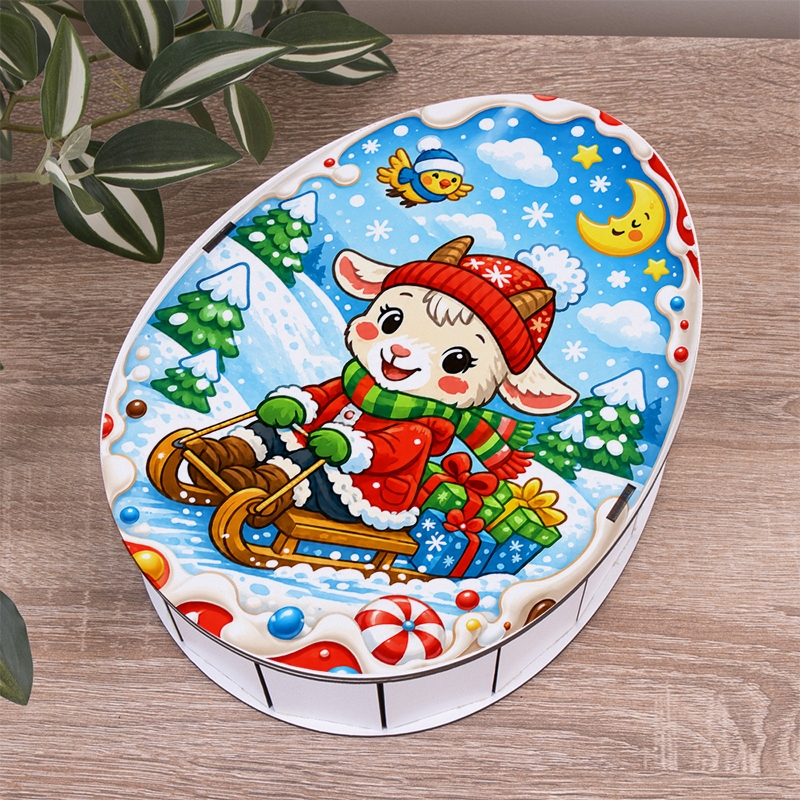 Овальна подарункова коробка Kinder різноколірна 28.5×21.6×9.3 см «із козою на санах»