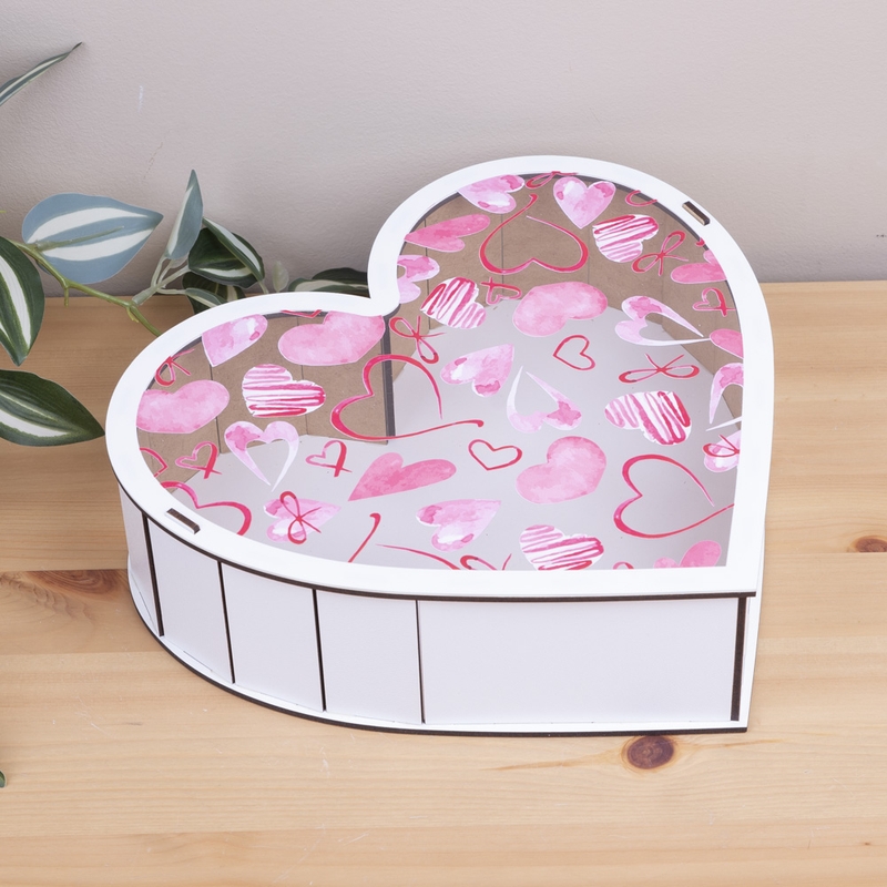 Подарункова коробка у формі серця біла з прозорою кришкою 21×22.5×5.5 см «сердечка і банти рожеві»