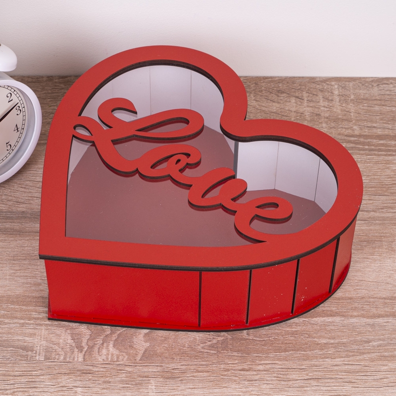 Подарункова коробка у формі серця червона з прозорою кришкою 21×22.5×5.5 см «Love»