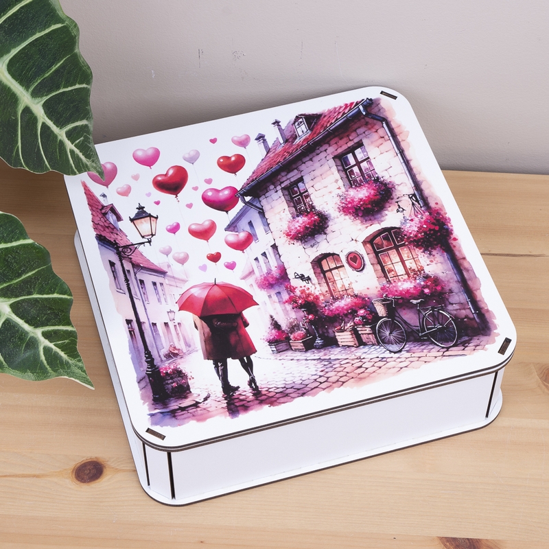 Подарункова коробка квадратна 19.4×19.4×5.8 см «Закохана пара під парасолькою»