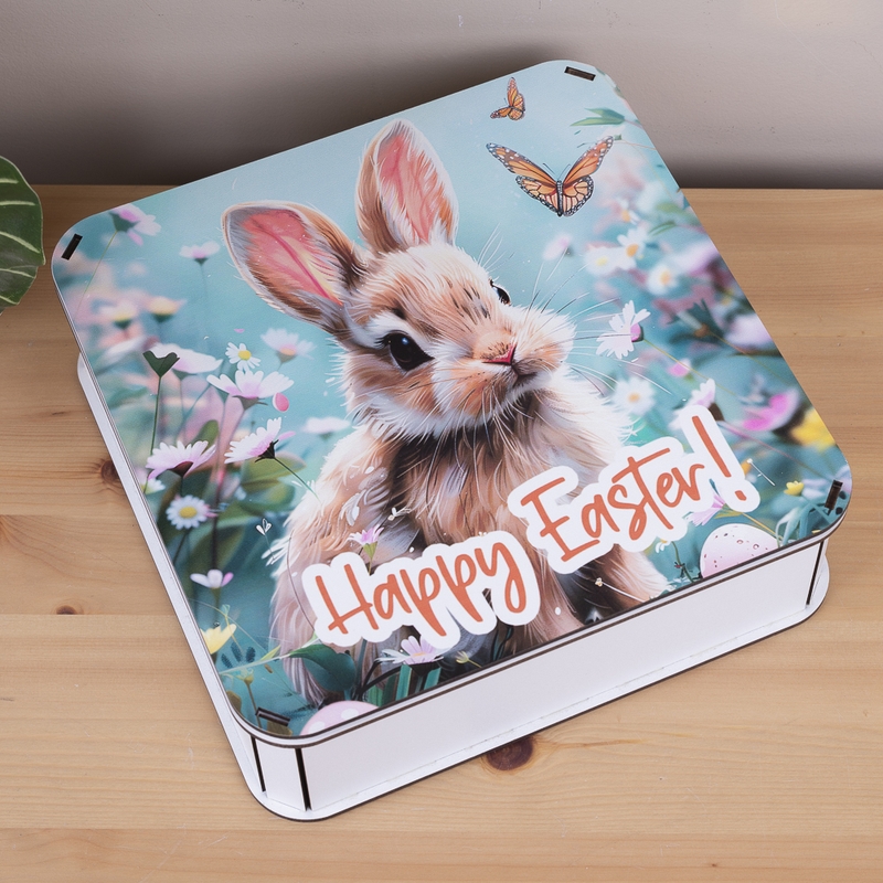 Подарункова коробка квадратна різноколірна 19.4×19.4×5.8 см «Кролик Happy Easter»