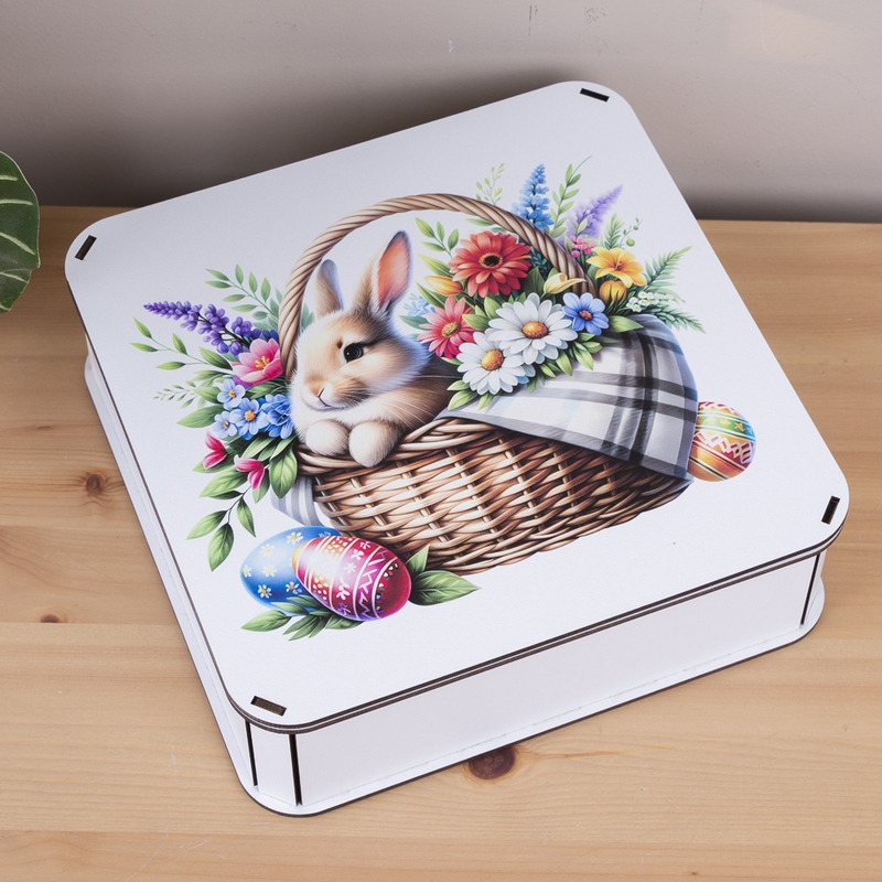 Подарункова коробка квадратна 19.4×19.4×5.8 см «Кролик з корзинкою»