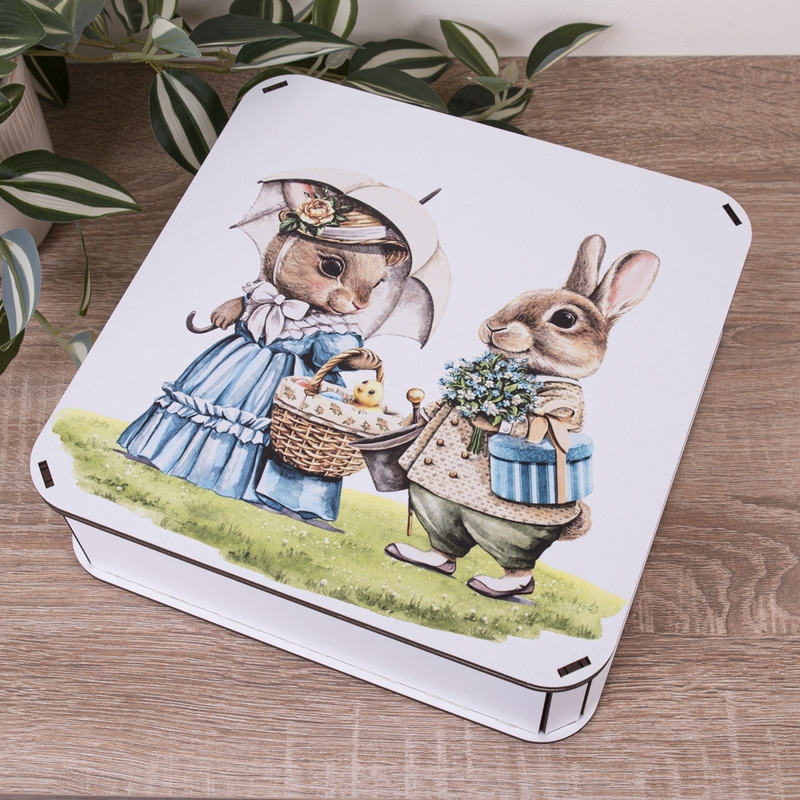 Подарункова коробка квадратна 19.4×19.4×5.8 см «Кролики пасхальні»