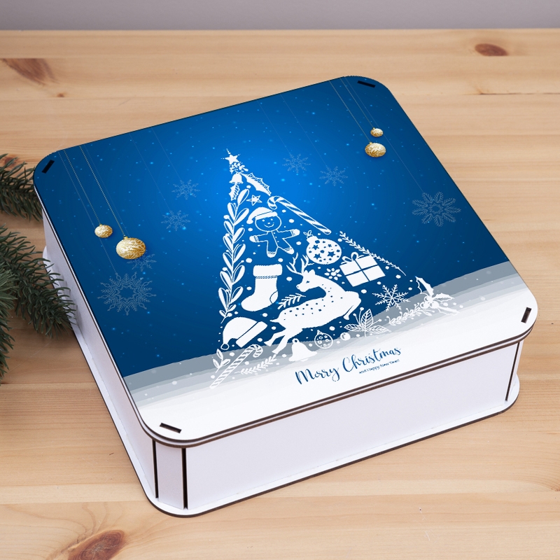 Подарункова коробка квадратна синя 40×40×12 см «Merry Christmas — синя»