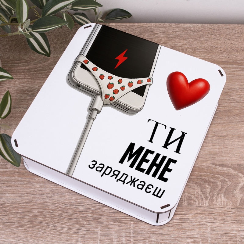 Подарункова коробка квадратна 24×24×7.2 см «Ти мене заряджаєш»